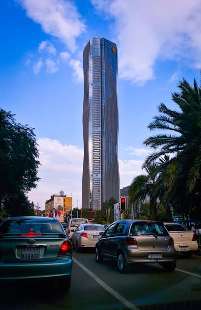 High-rise tower viewed from the street